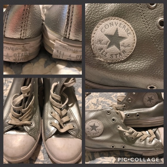 Converse High Tops Silver Leather 3 youth 5 Women - Picture 2 of 3